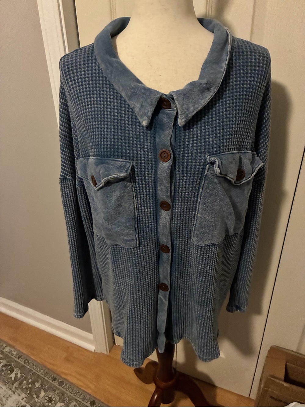 BUCKETLIST Blue Waffle-Knit Button Front Cardigan